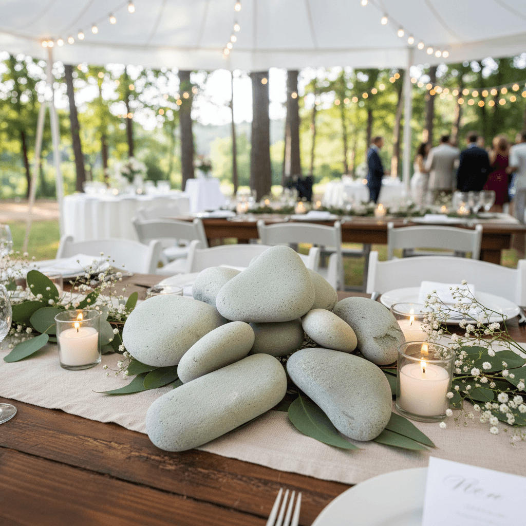 ST0NED large Japanese decorative stones centerpiece on wooden table with candles and greenery