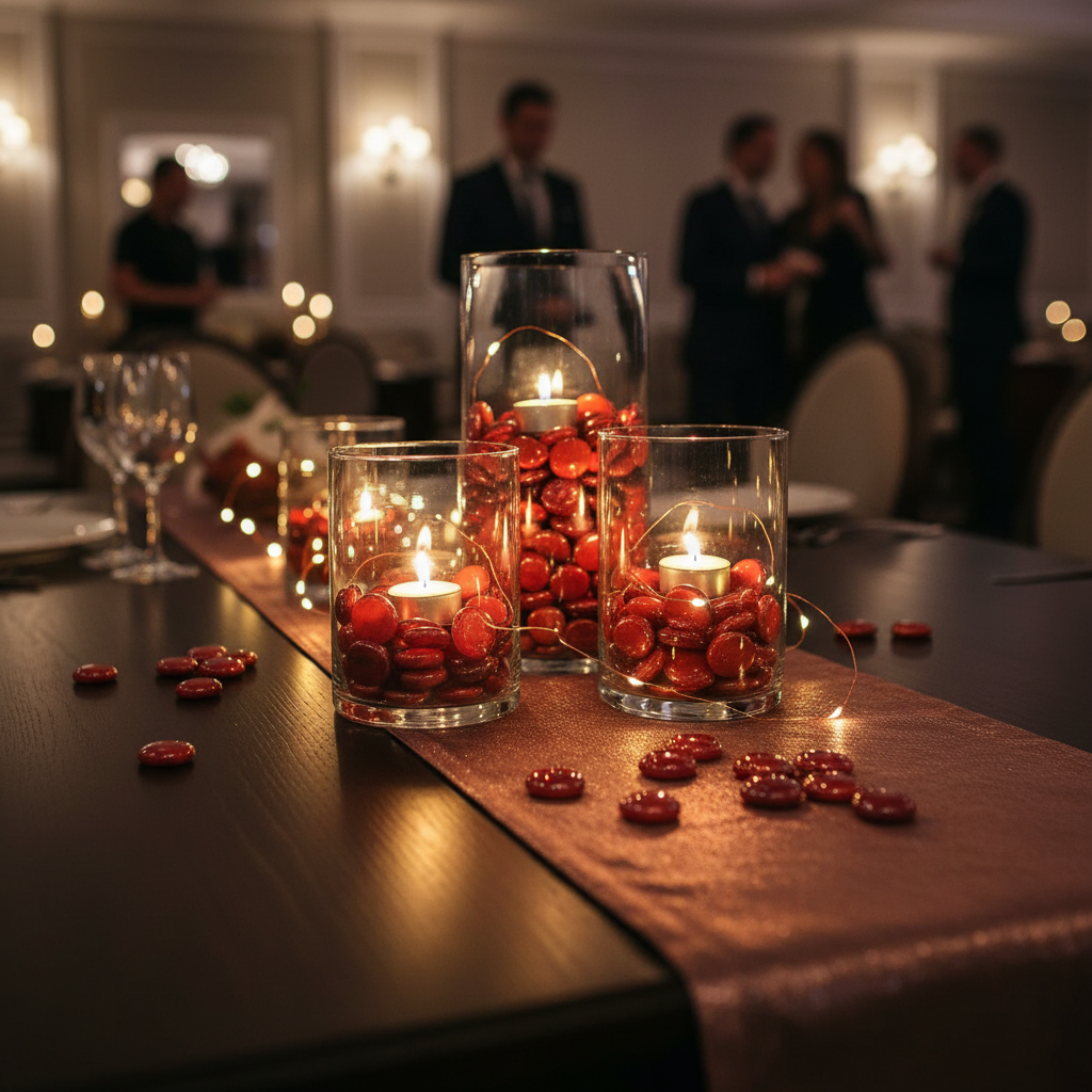 STO'NED orange and red glass pebbles arranged in glass vases with tea light candles on a dining table SGI Online
