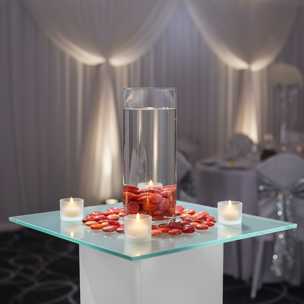 STONED orange and red glass pebbles arranged around a tall glass vase with floating candle on a glass table centerpiece