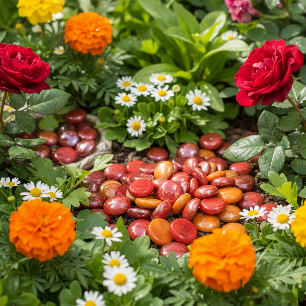 STONED orange and red glass pebbles surrounded by vibrant garden flowers including red roses and marigolds SGI Online