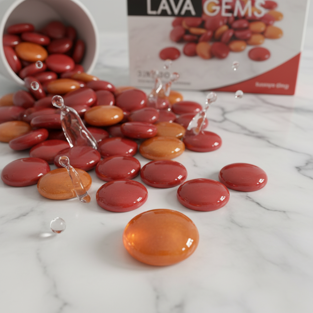Orange and red glass pebbles scattered on marble surface with water droplets and packaging in background SGI Online
