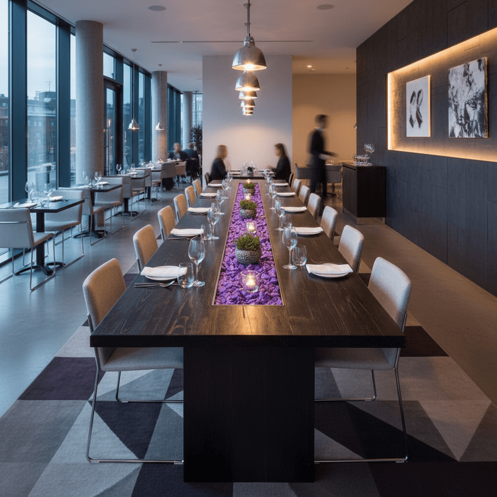 Modern dining table centerpiece decorated with lavender quartz crystal chippings by SGI Online SGI Online