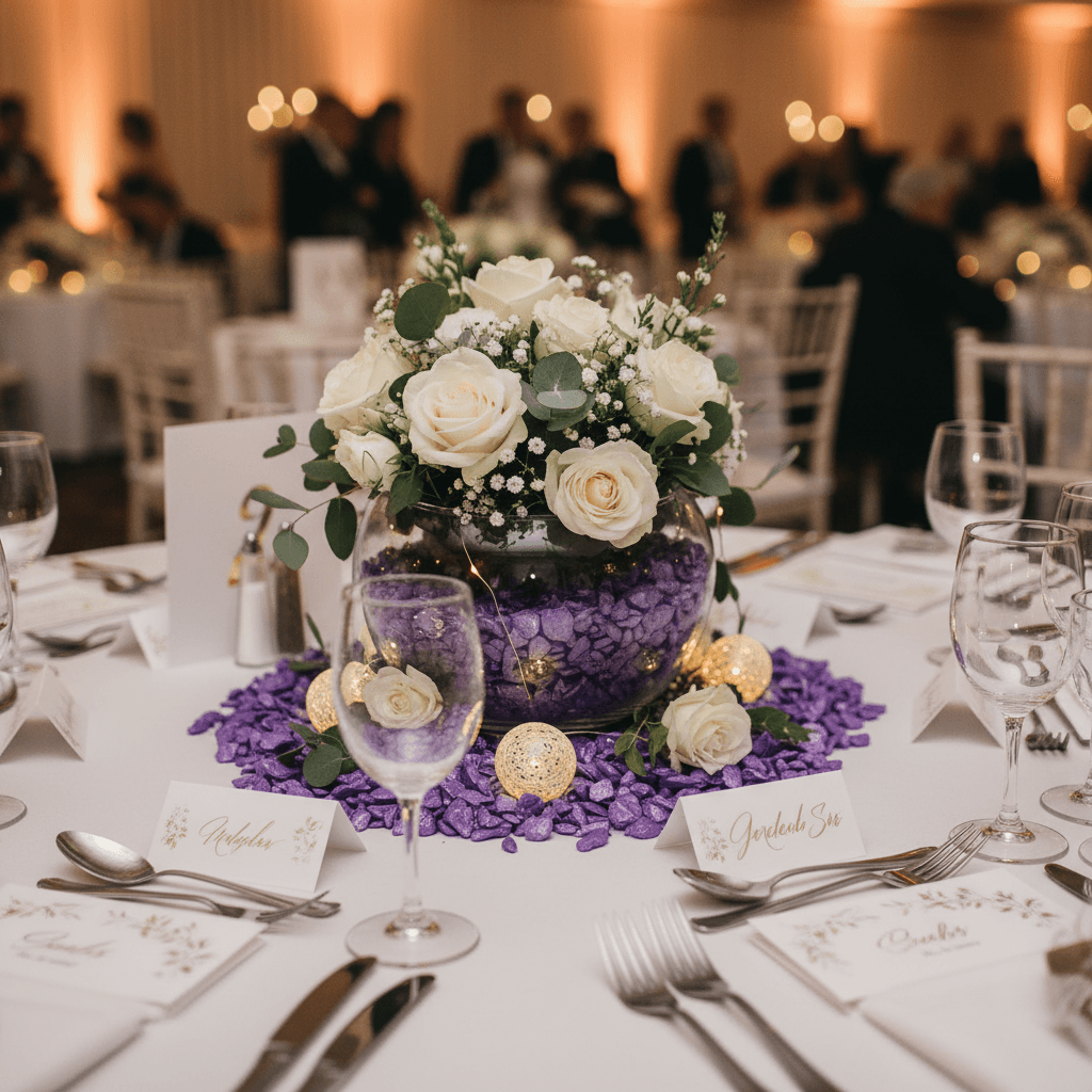 Wedding table centerpiece with white roses and lavender quartz crystal chippings by SGI Online