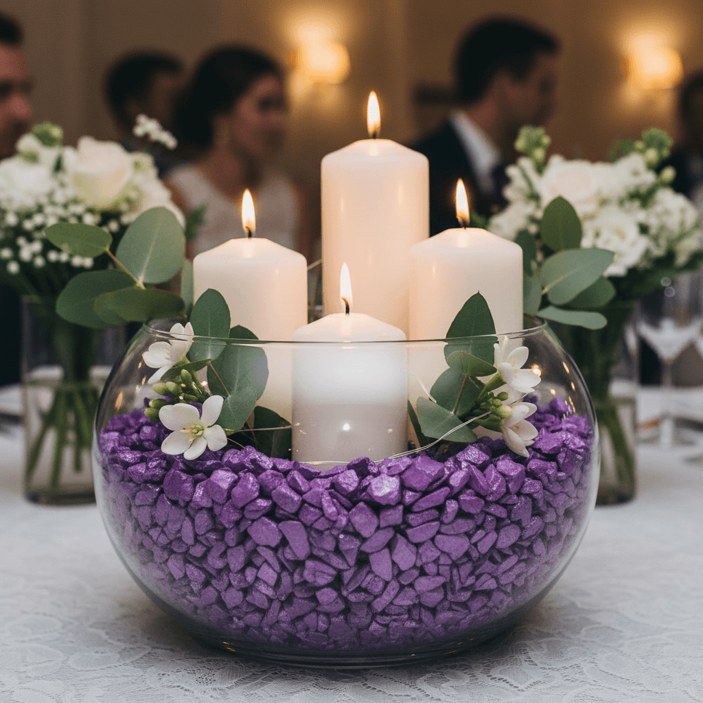 Glass bowl centerpiece filled with lavender quartz crystal chippings and white candles for decoration SGI Online