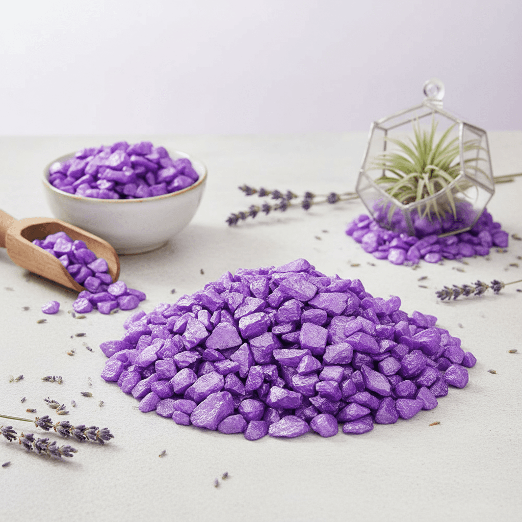 Lavender quartz crystal chippings in bright purple color with small plant decor and wooden scoop