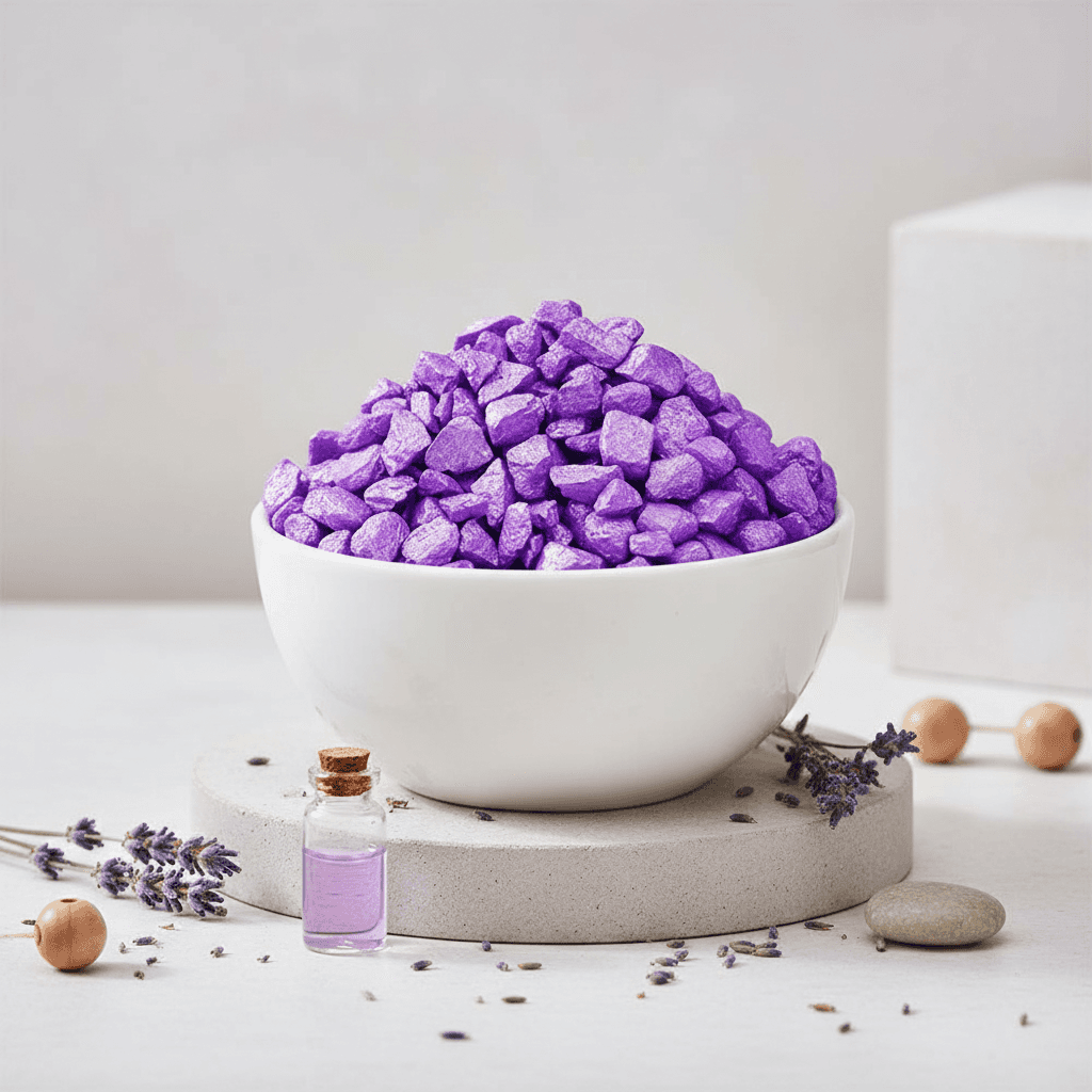 White bowl filled with lavender quartz crystal chippings on stone tray with lavender flowers and purple oil bottle SGI Online