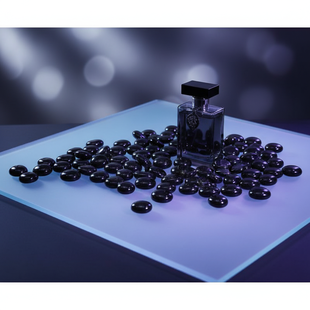 STONED black glass pebbles 15kg displayed on a glass surface with a black perfume bottle in the center