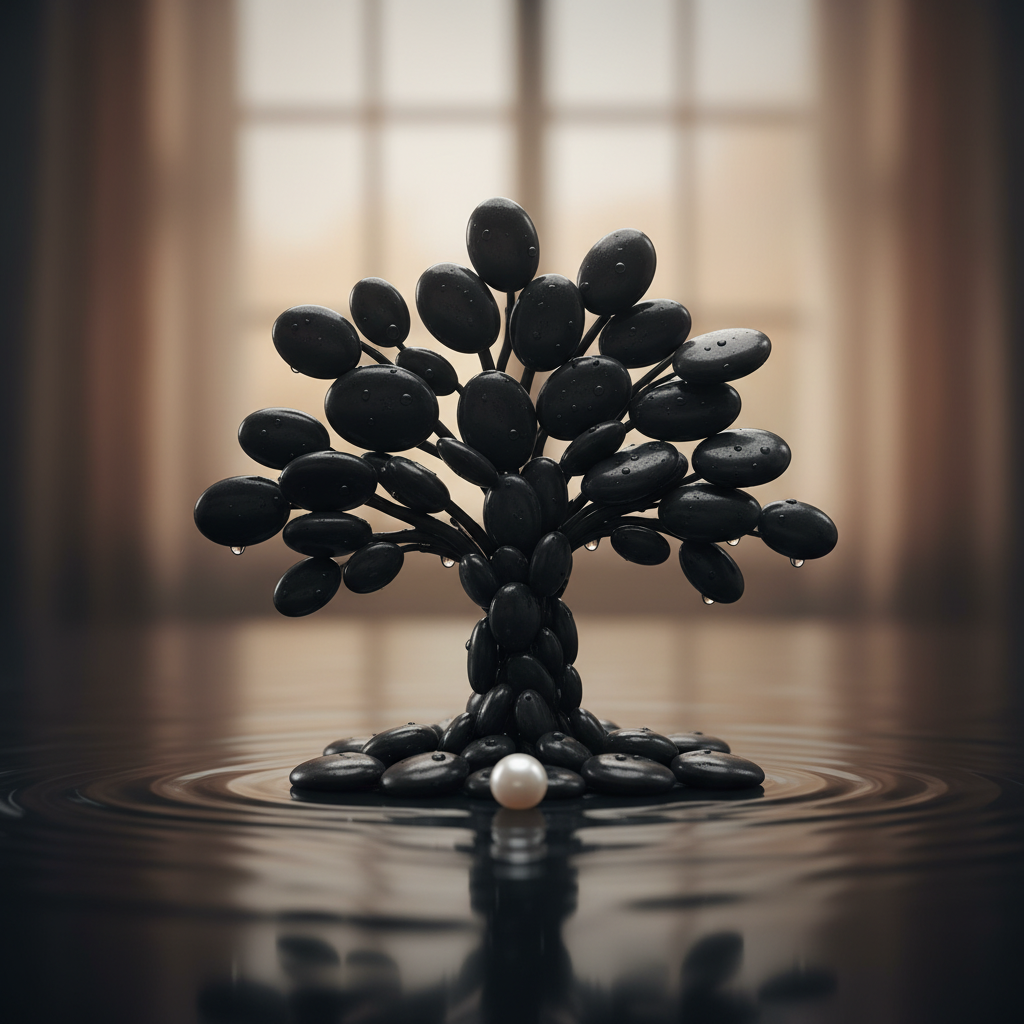 Black glass pebbles 15kg arranged as an artistic tree sculpture reflecting in water SGI Online