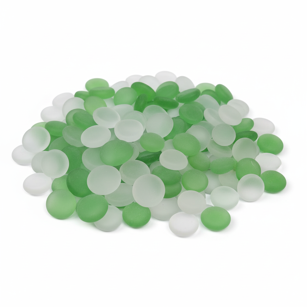 Frosted green and white glass pebbles from STONED for decorative and craft uses SGI Online