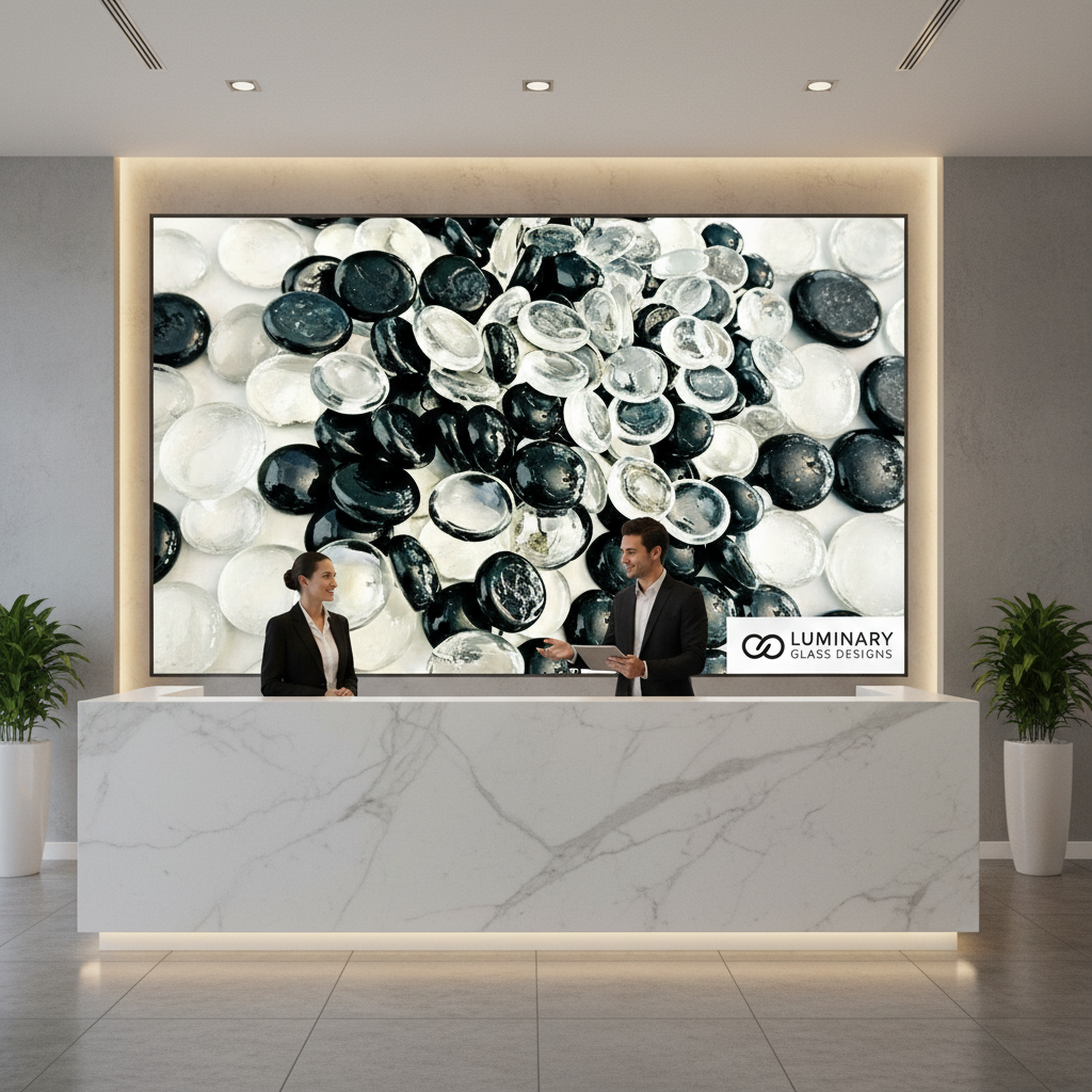 Black and clear glass pebbles featured in a large illuminated display behind a reception desk