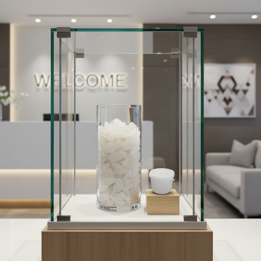 Clear glass container with white luxury crystal chippings displayed in modern showroom by SGI Online