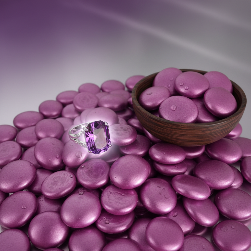 Metallic pink glass pebbles by STONED with a purple gemstone ring resting on top