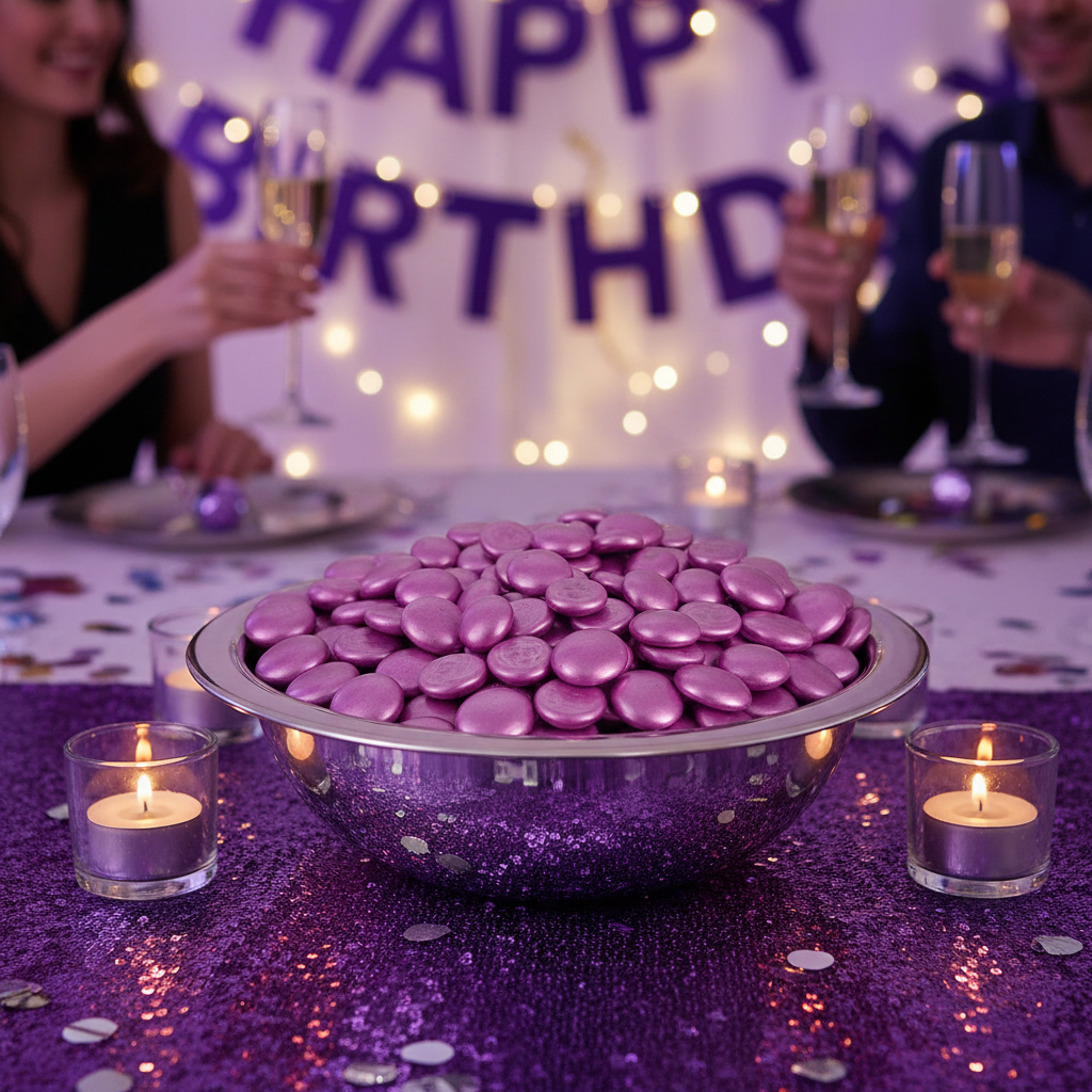 STHONED metallic pink glass pebbles in a silver bowl on a purple tablecloth with birthday party candles SGI Online