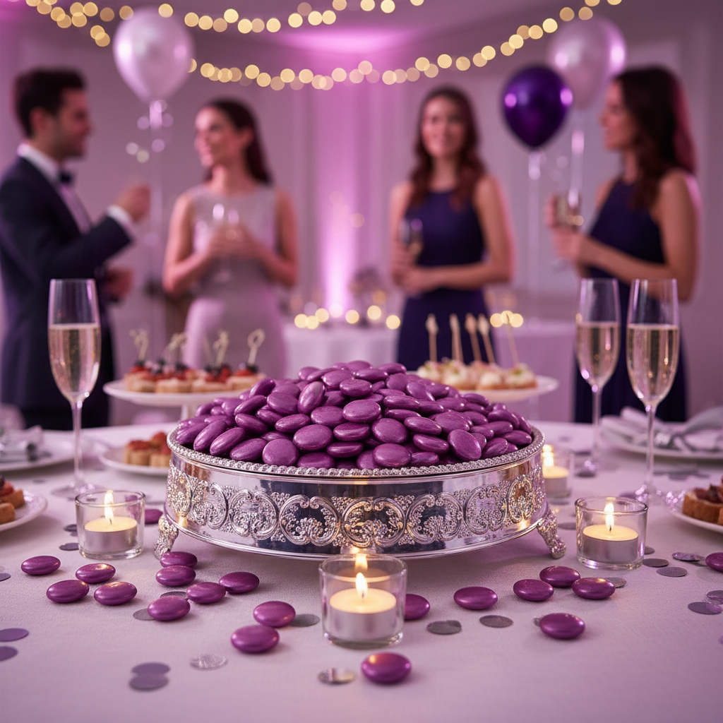 Metallic pink glass pebbles from STONED on ornate silver tray at elegant party table