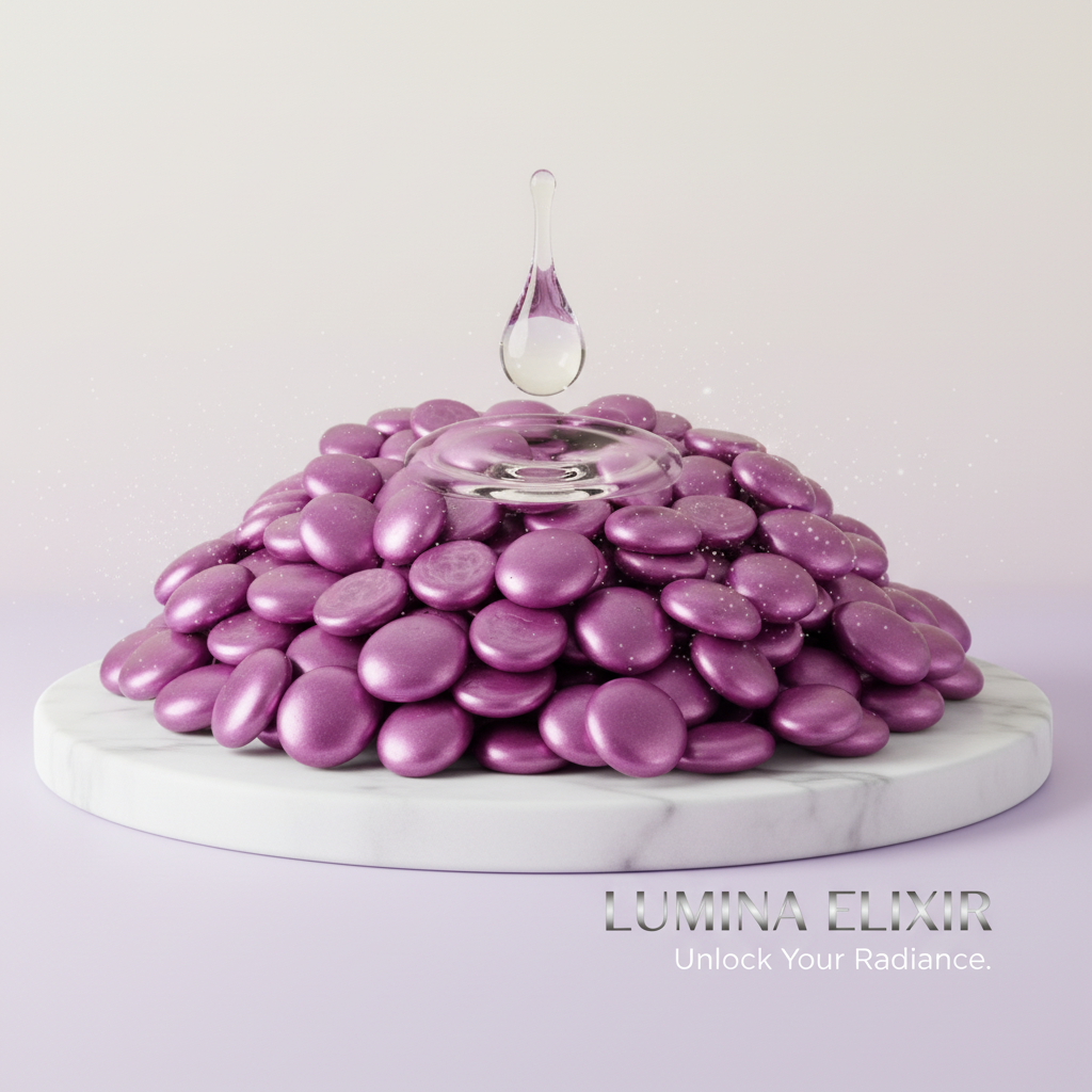 Pile of metallic pink glass pebbles by STONED on a white marble base with water drop above SGI Online