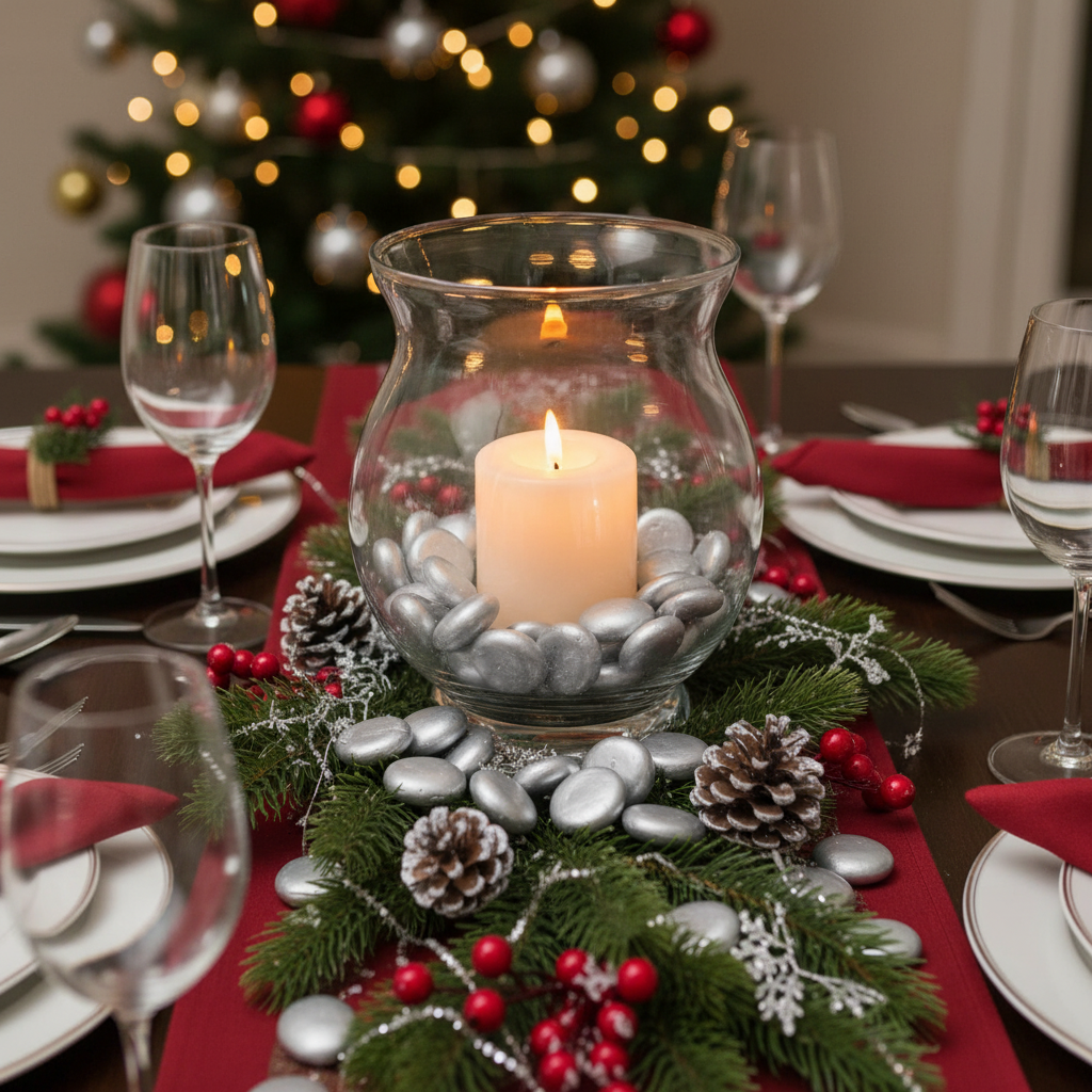 STОНED metallic silver glass pebbles arranged around a candle in a glass holder on a festive dining table centerpiece