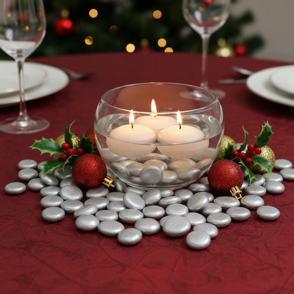 Metallic silver glass pebbles arranged around a glass bowl with floating candles on a red tablecloth centerpiece SGI Online