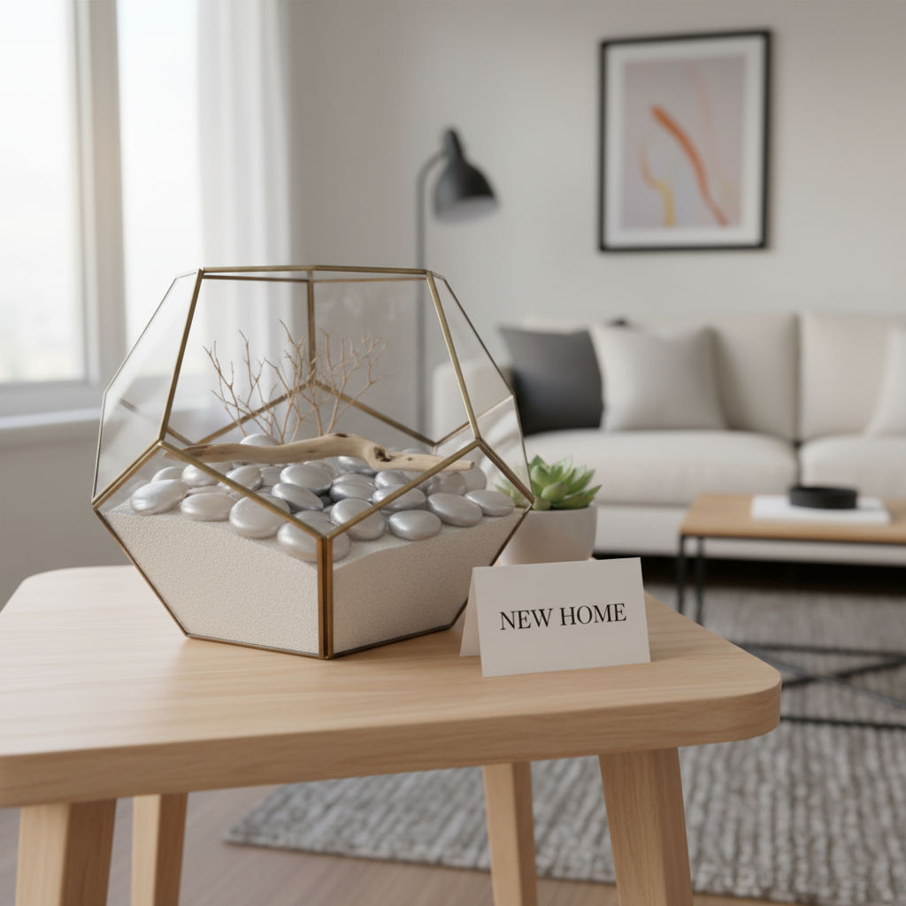STONED metallic silver glass pebbles displayed in geometric glass terrarium on wooden table SGI Online
