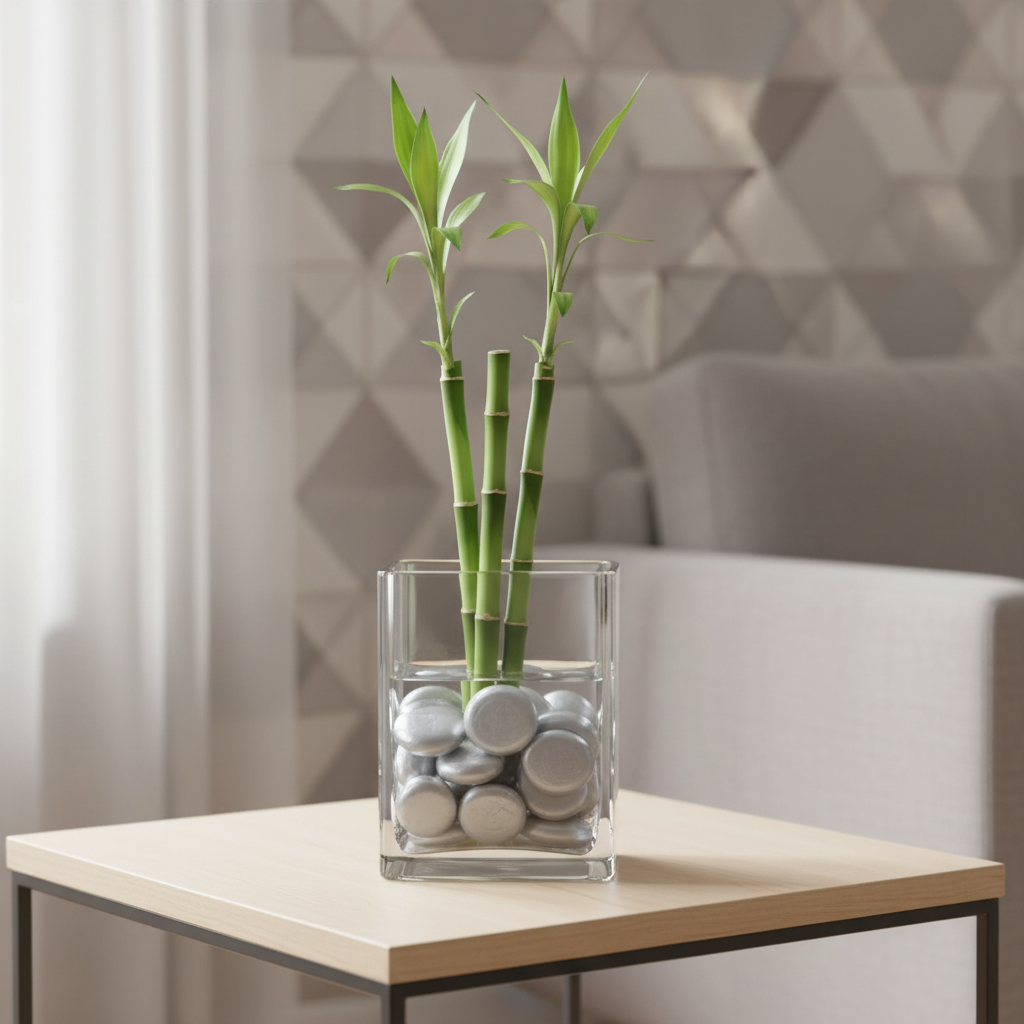 Clear glass vase with green bamboo plants filled with metallic silver glass pebbles on a wooden side table SGI Online