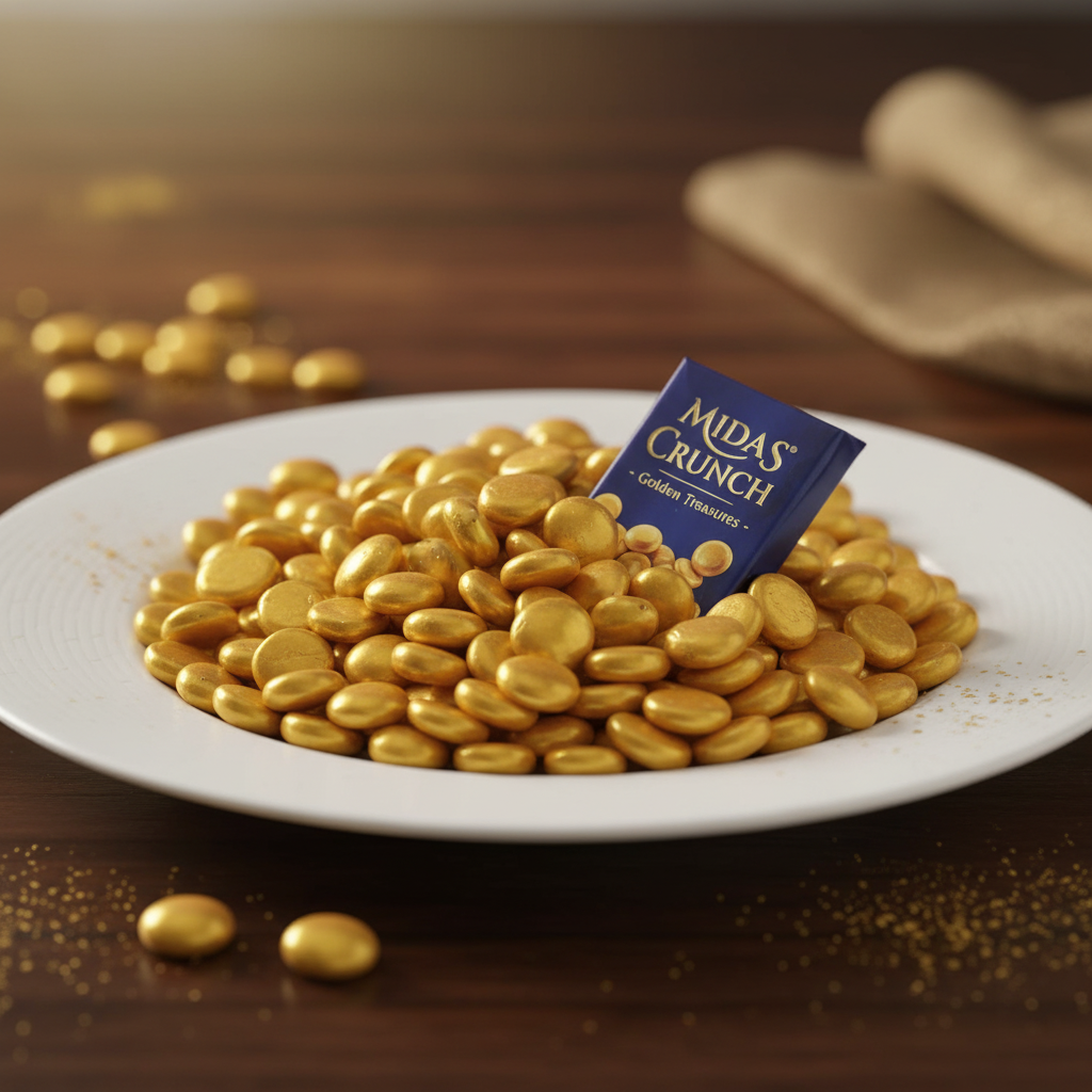 STONED metallic gold glass pebbles piled on a white plate with a Midas Crunch label SGI Online
