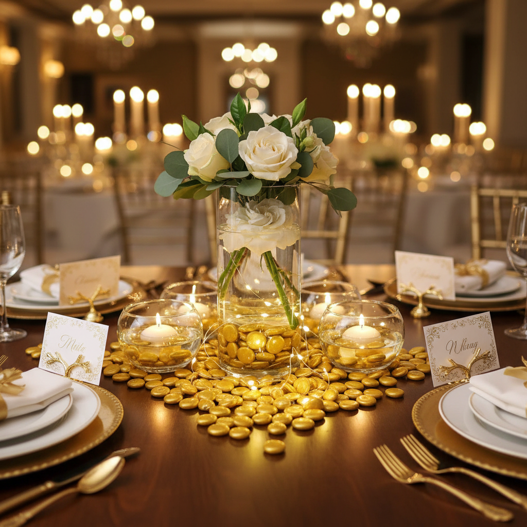 Metallic gold glass pebbles arranged around candle holders and vase with white roses on a decorated dining table