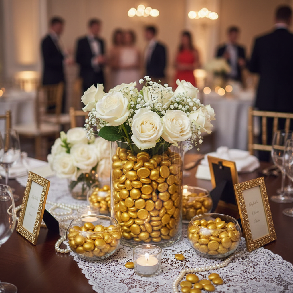 STONED metallic gold glass pebbles in vase and bowls as centerpiece with white roses on wedding table