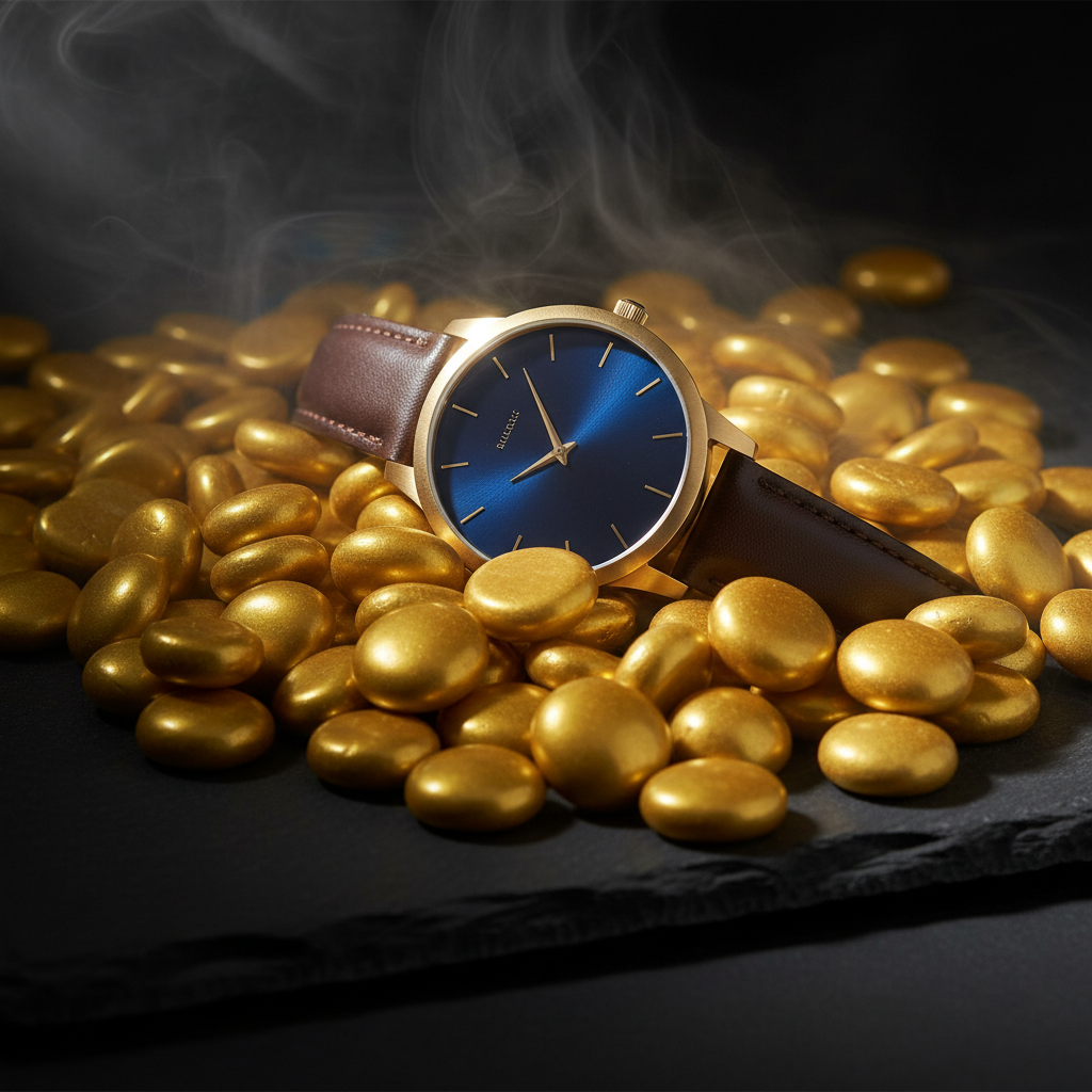 Stoned metallic gold glass pebbles surrounding a gold watch with a blue face and brown leather strap