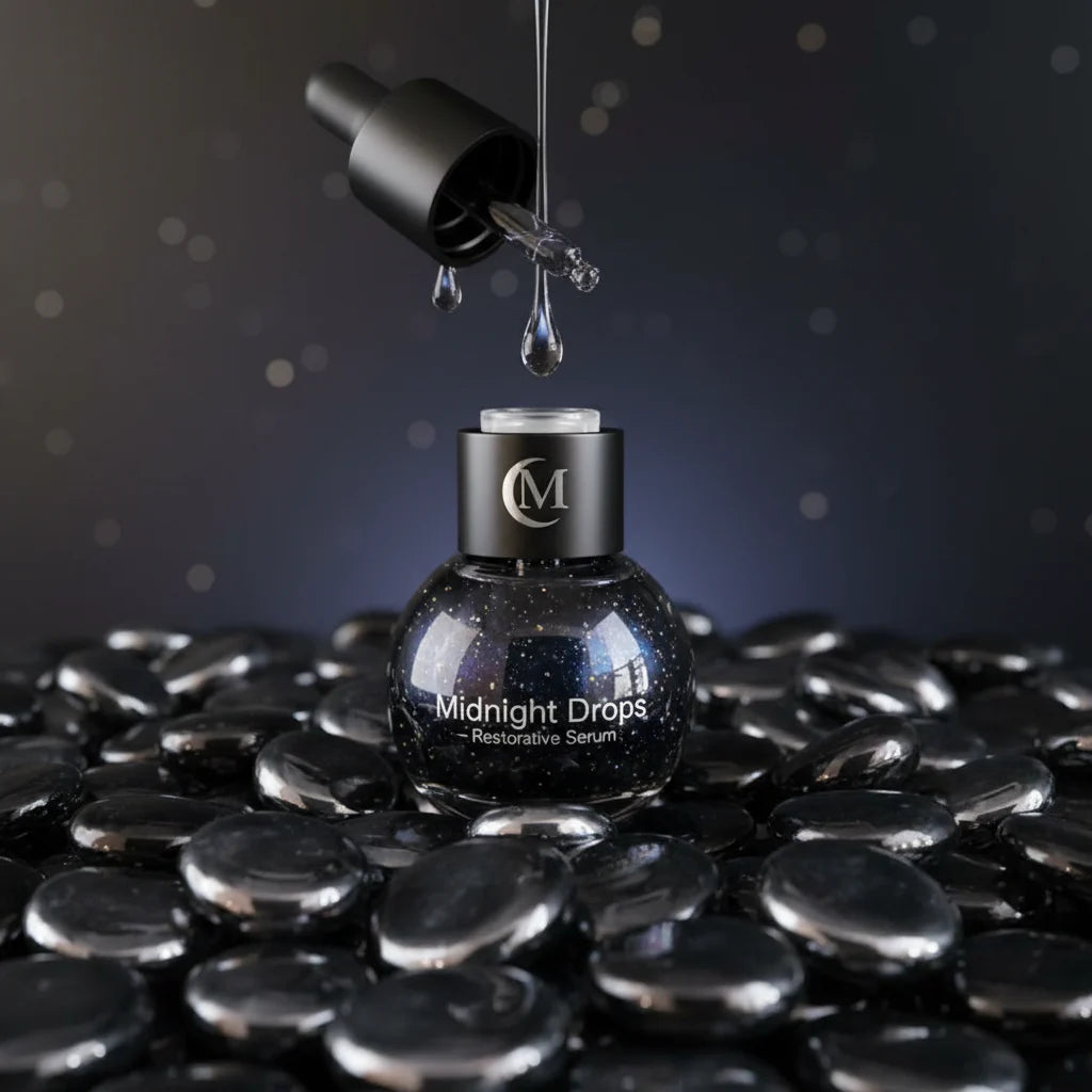 STONED black mirror glass pebbles surrounding Midnight Drops restorative serum bottle