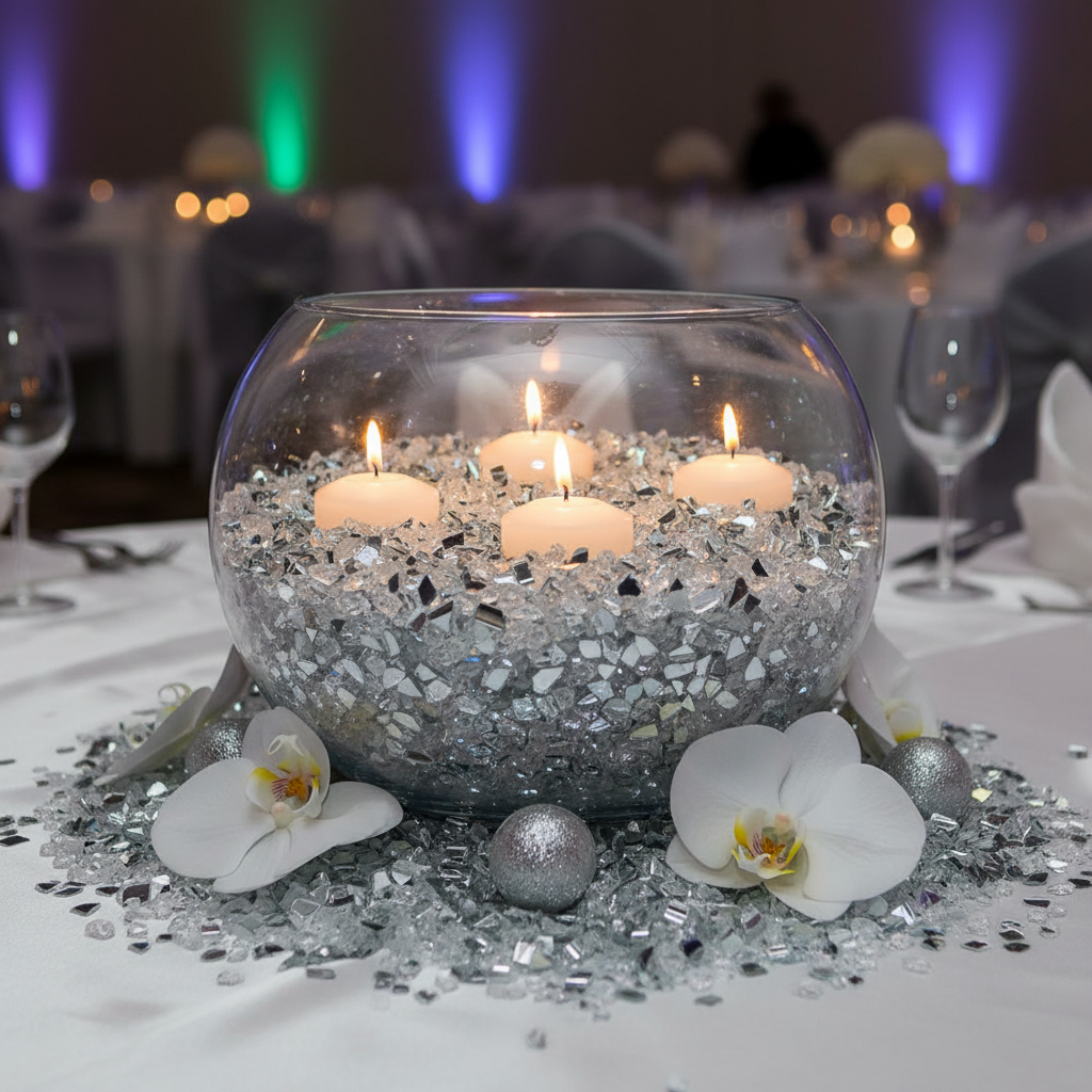 STORED mirror glass chippings 15kg in a glass bowl with candles and white orchids centerpiece SGI Online