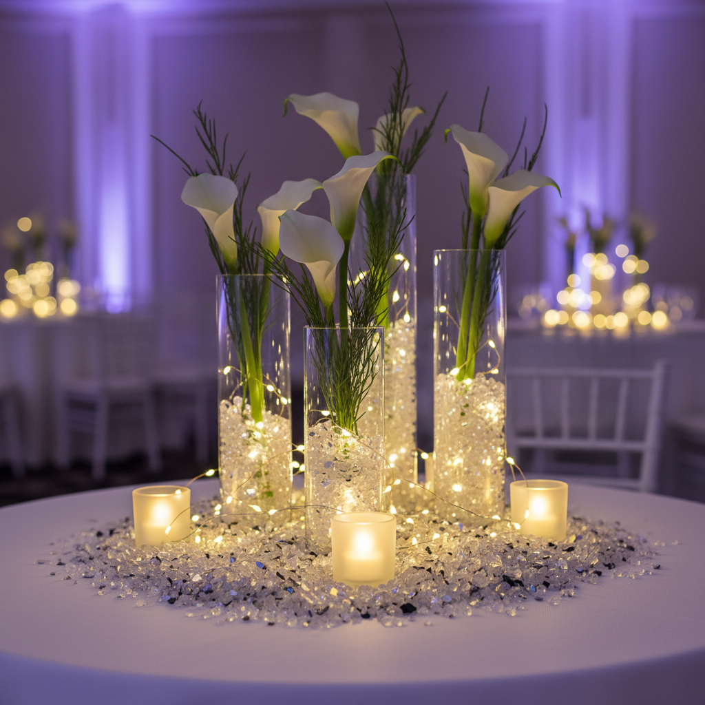 Elegant table centerpiece with white flowers and candles surrounded by mirror glass chippings 15kg from STONED