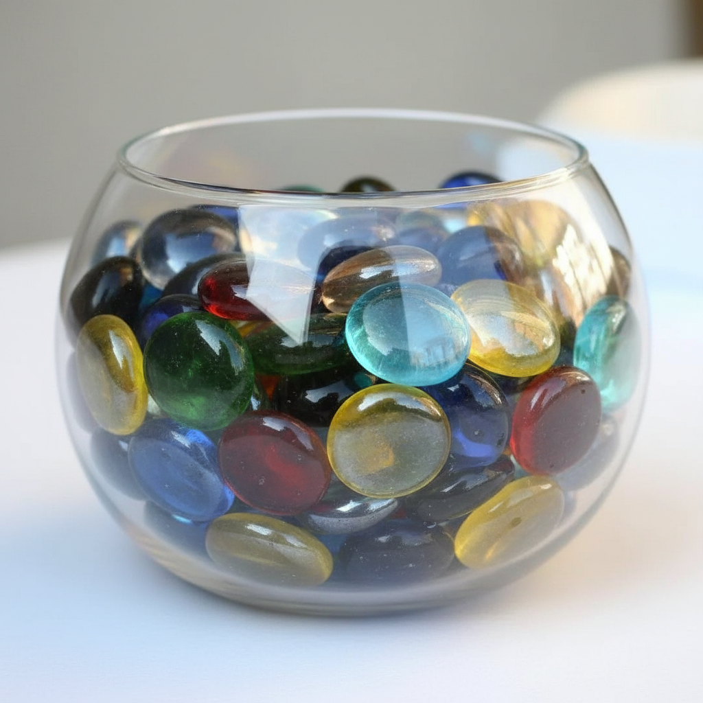 STONED mixed color glass pebbles displayed in a clear round glass bowl SGI Online