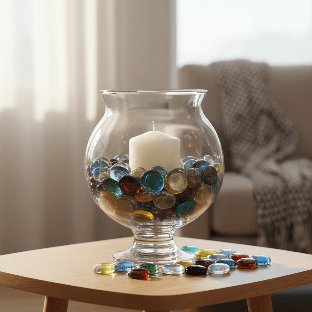 STONED mixed color glass pebbles displayed in a clear glass bowl with a white candle inside