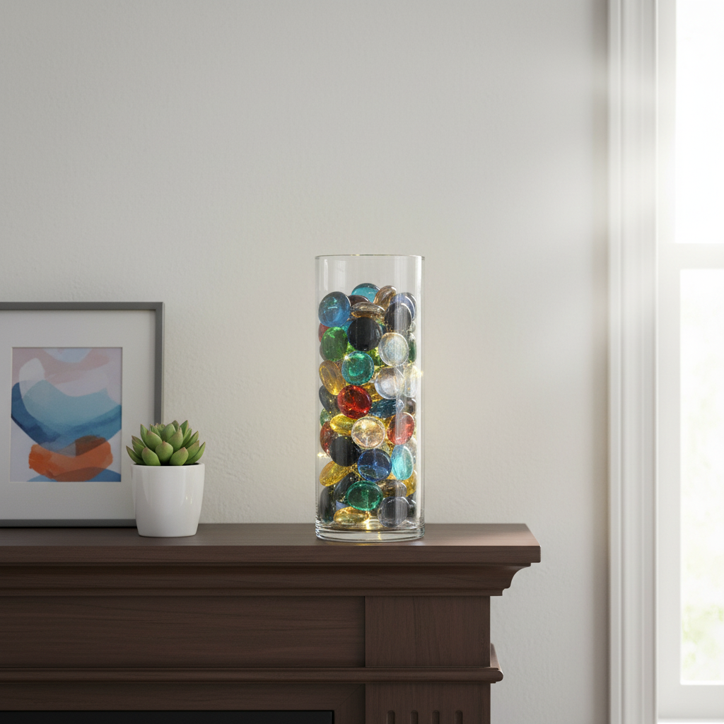 Clear vase filled with mixed color glass pebbles on a wooden mantel with modern decor