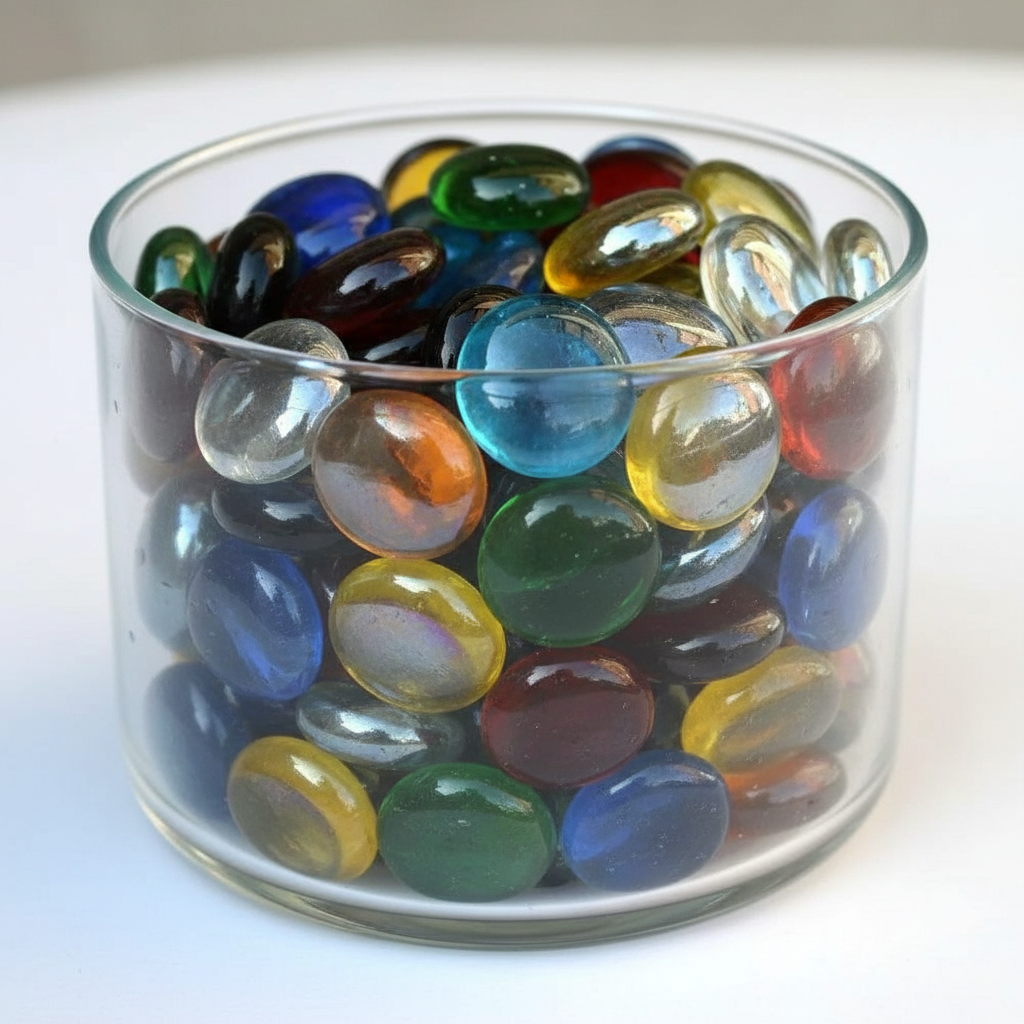 Clear glass bowl filled with mixed color glass pebbles for decoration and crafts SGI Online