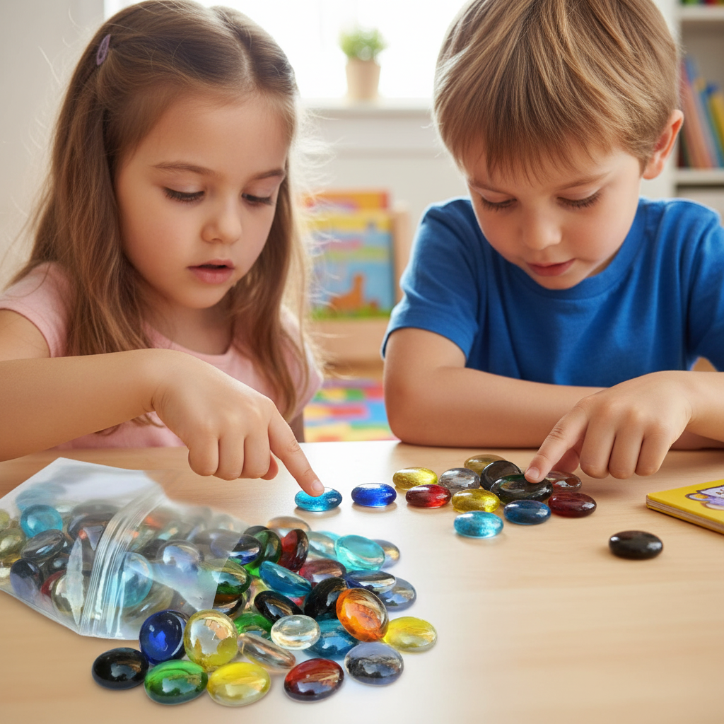 Children playing with STONED mixed color glass pebbles spread on a table SGI Online