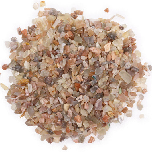 Natural moonstone gemstone chips in various shades of beige, brown, and cream from SGI Online SGI Online