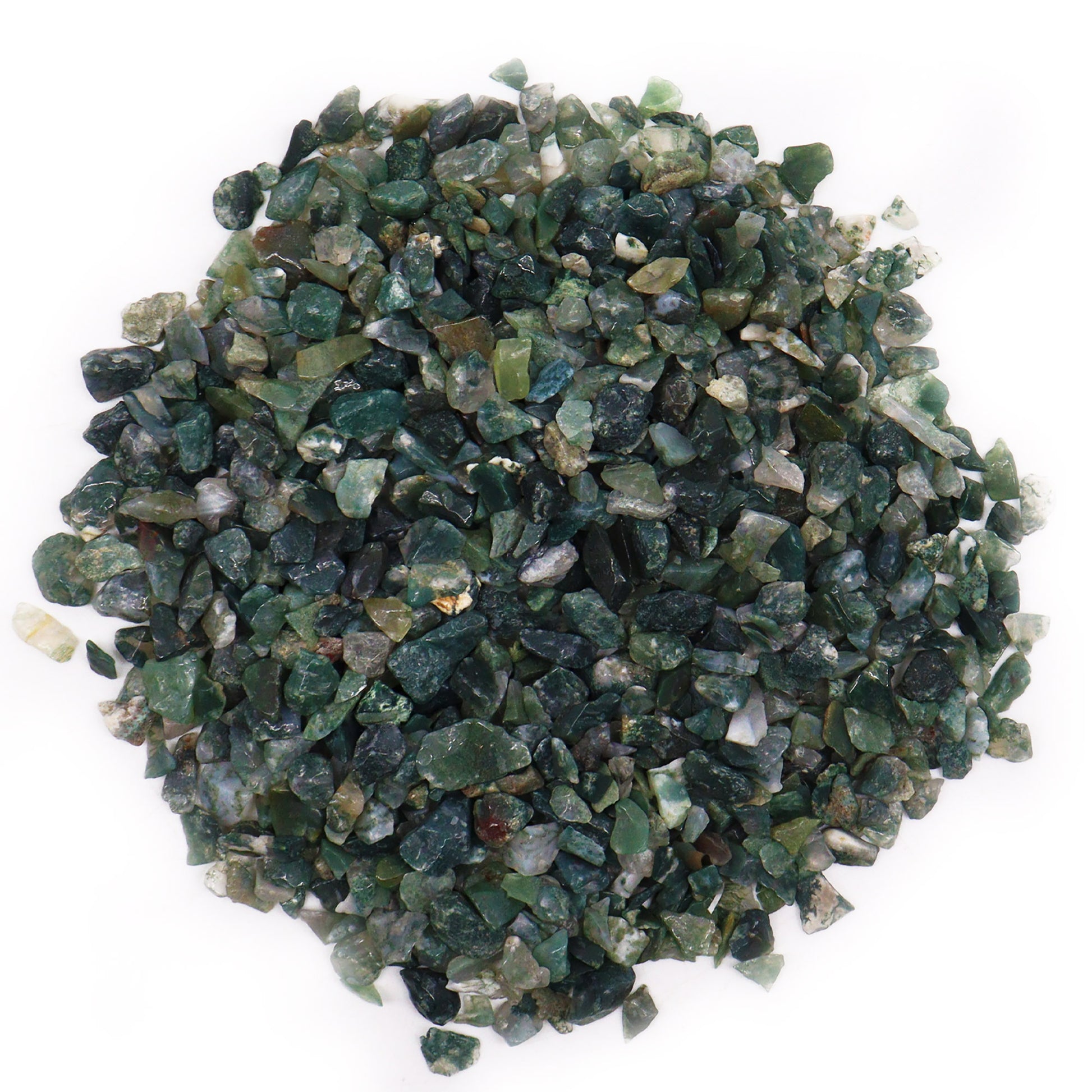 SGI Online polished moss agate gemstone chips in various green shades and natural patterns