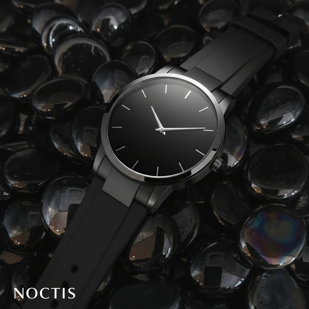 STONED black mirror glass pebbles with reflective surface surrounding a sleek black wristwatch