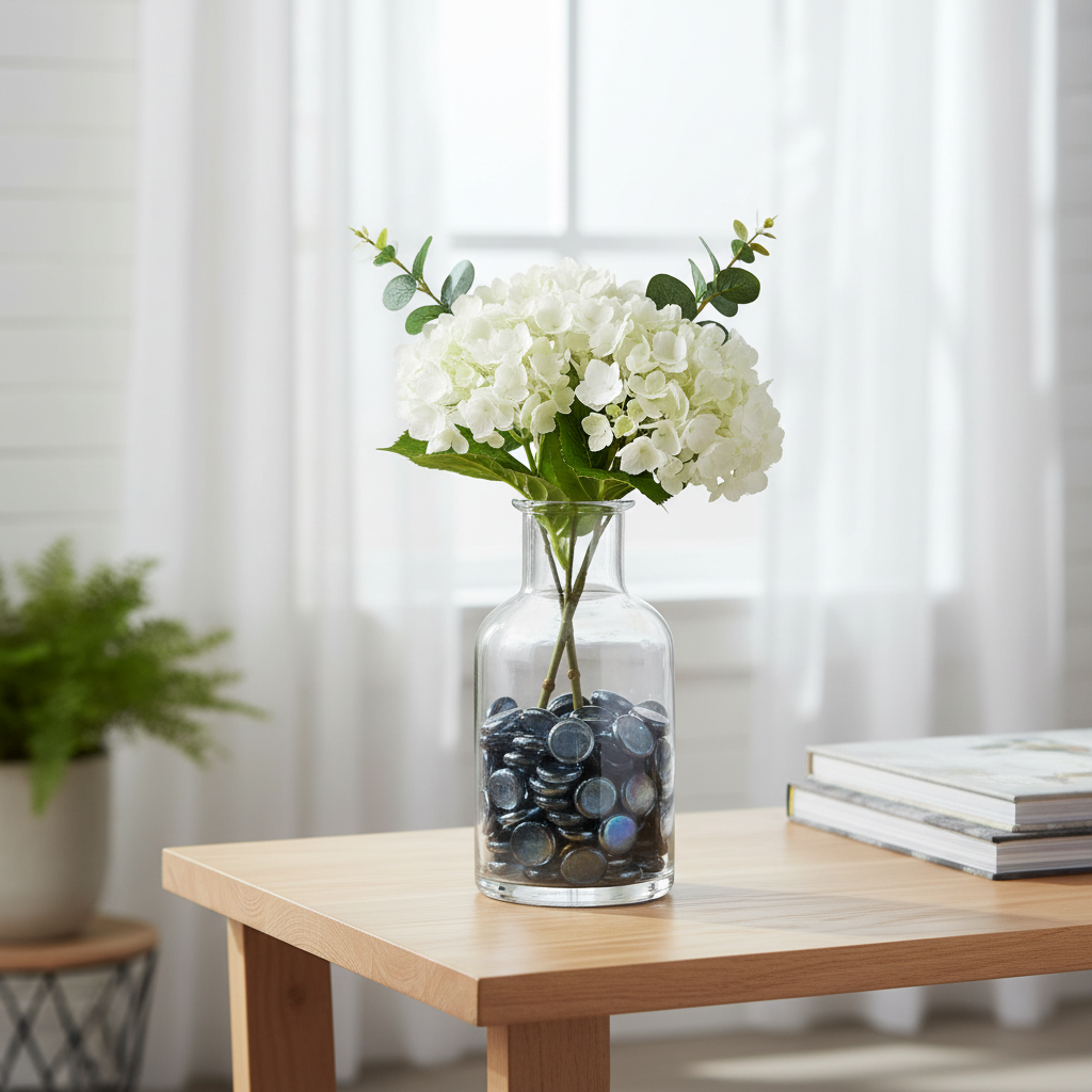 Clear glass vase filled with grey glass pebbles holding white hydrangea flowers on wooden table SGI Online