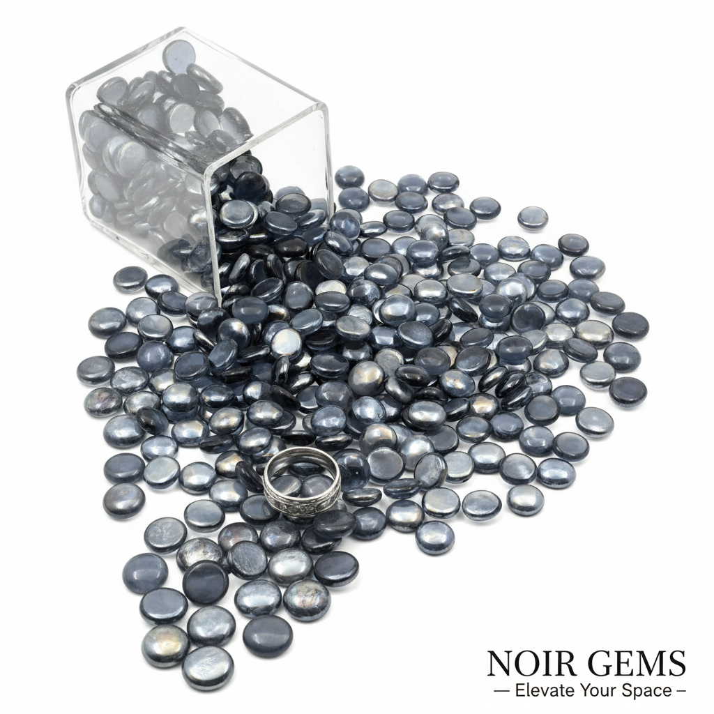 STONED grey glass pebbles scattered with a clear container on white background for decoration