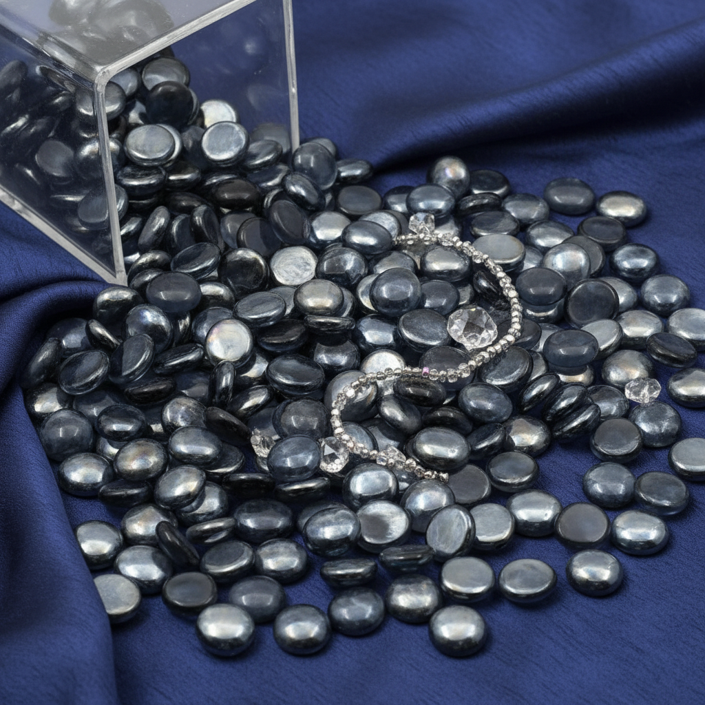 Grey glass pebbles from STONED spilled from a clear container on a blue fabric background SGI Online