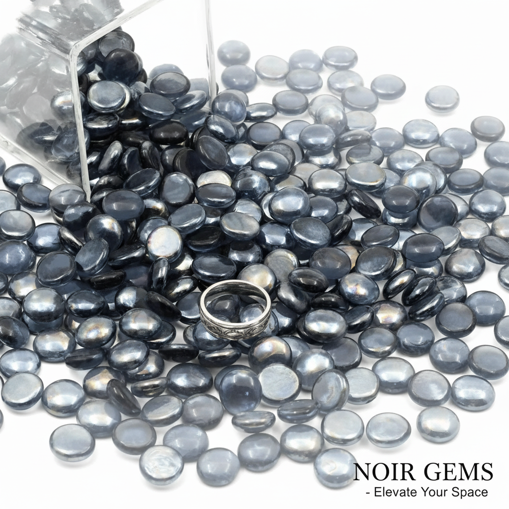 STONED grey glass pebbles scattered with a silver ring on a white background