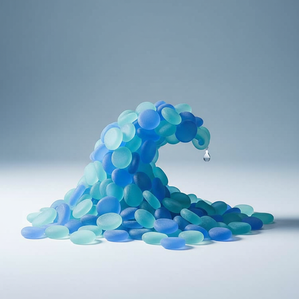 STONED blue frosted glass pebbles arranged in a wave shape with a water droplet