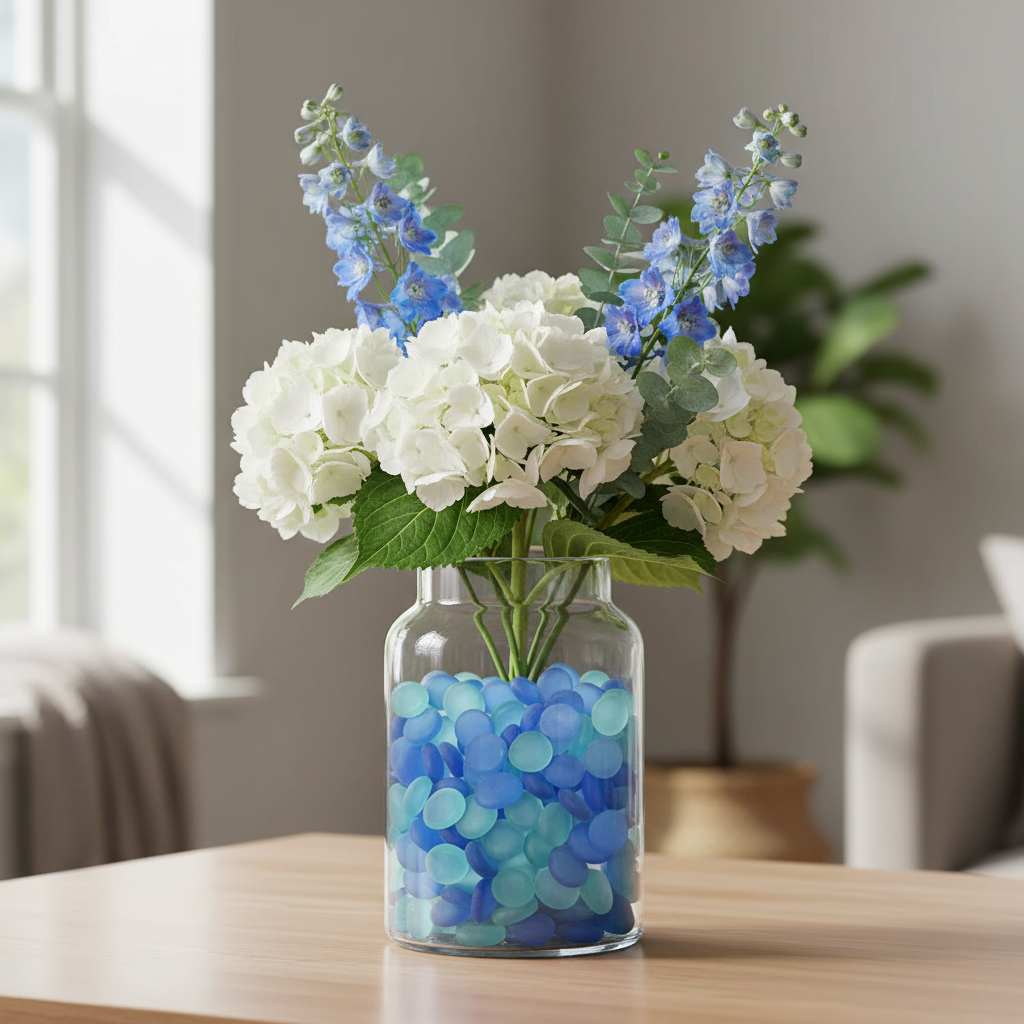 Clear glass vase filled with blue frosted glass pebbles and white hydrangeas with blue flowers