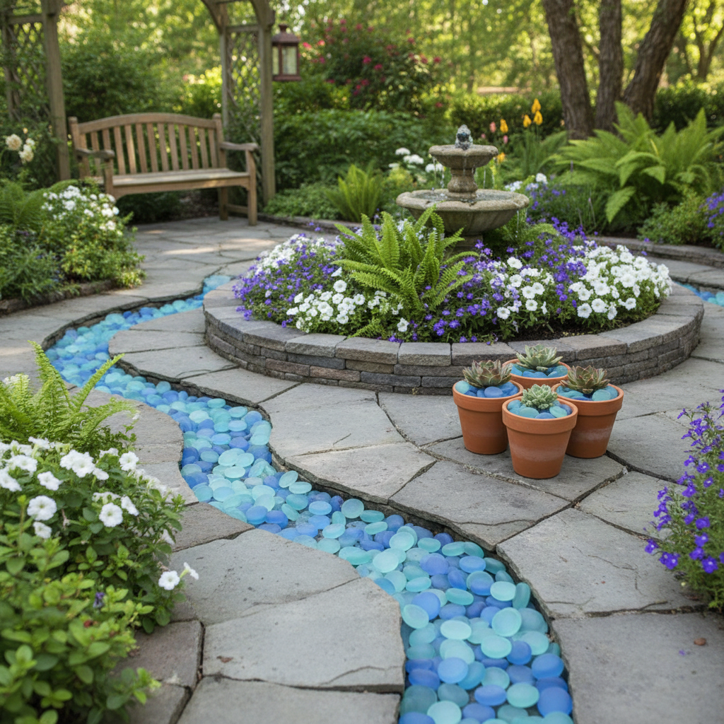 STONED blue frosted glass pebbles arranged in garden pathway with surrounding flowers and plants SGI Online