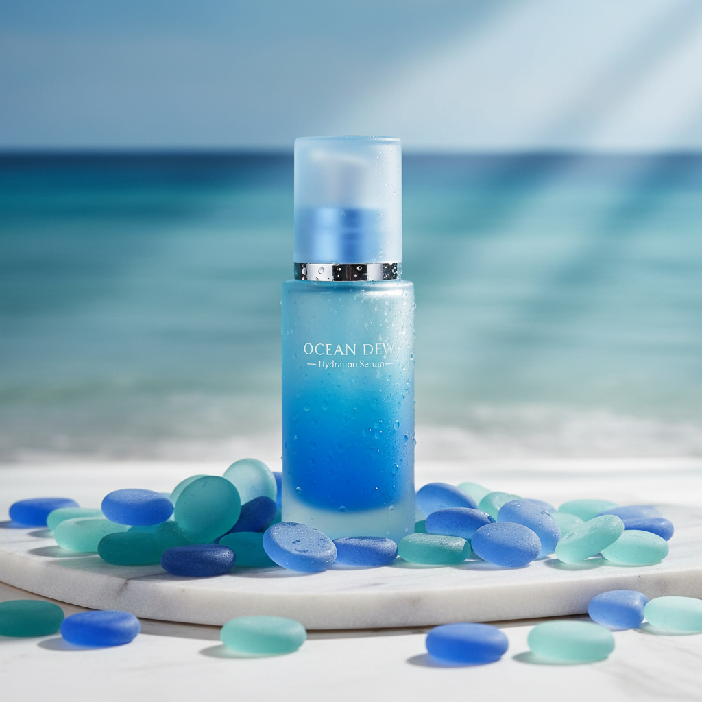 STONED blue frosted glass pebbles scattered around a blue gradient ocean dew serum bottle on a white surface SGI Online