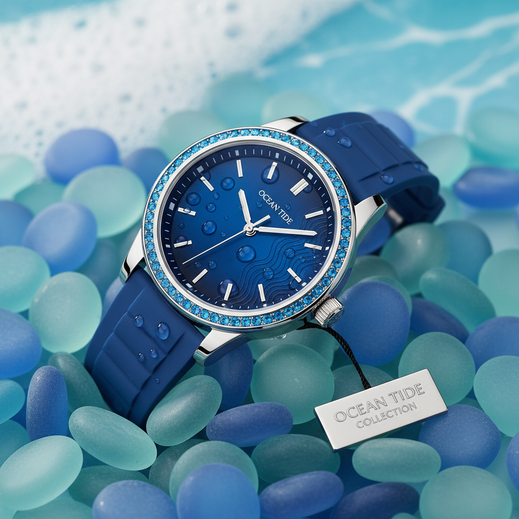 Ocean Tide blue wristwatch surrounded by blue frosted glass pebbles from STONED SGI Online