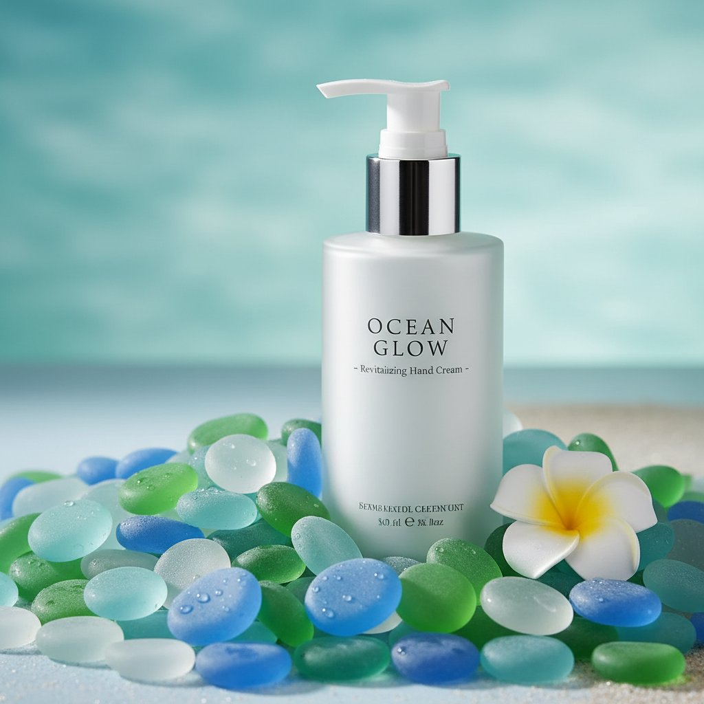 STONED frosted mixed glass pebbles in green blue and white surrounding Ocean Glow hand cream bottle with flower