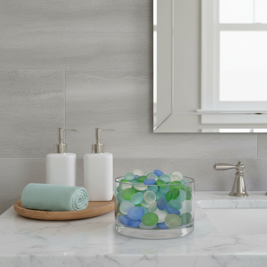 STALLED frosted mixed glass pebbles in blue, green, and white displayed in a clear glass bowl on a marble bathroom countertop