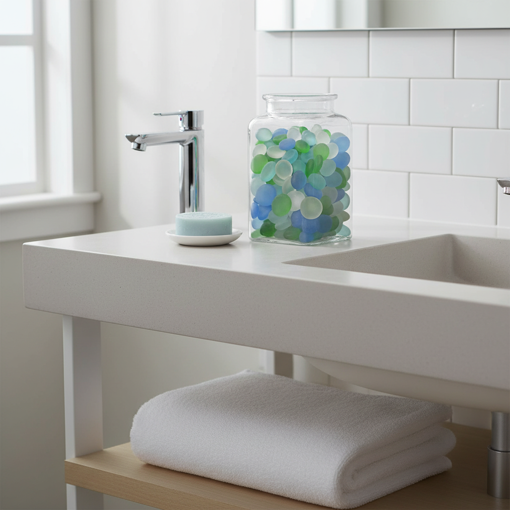 Glass jar filled with STONED frosted mixed glass pebbles in blue, green, and white on bathroom counter